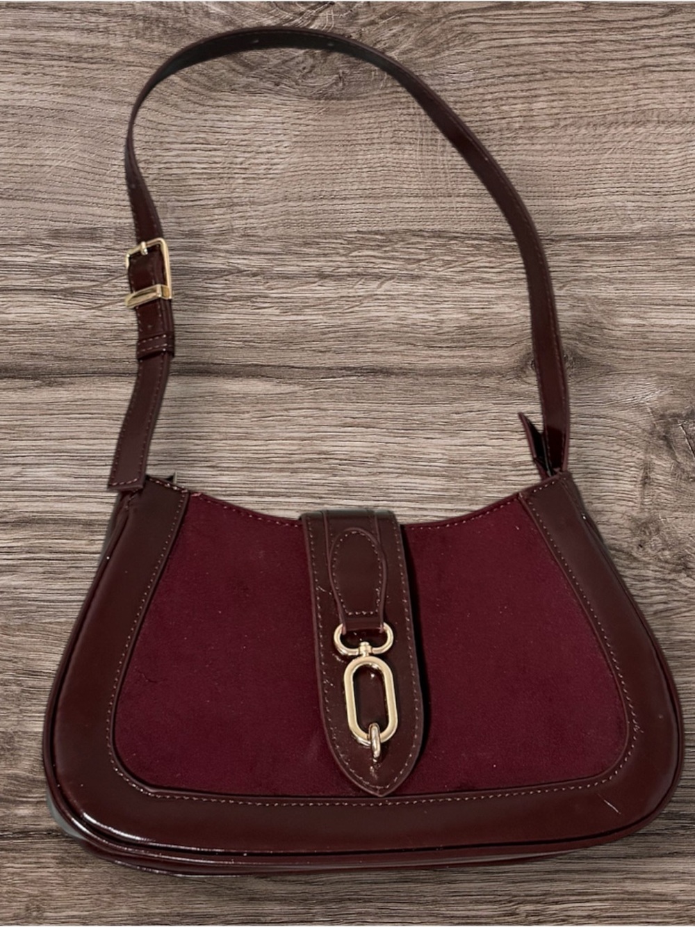 Women's Burgundy Shoulder Bag with Gold Hardware